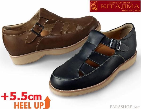 KITAJIMA 本革 オープンストラップ シークレットヒールアップ（身長+5.5cmアップ）カジュアルシューズ 黒・茶 4E（EEEE）23.5～26.5cm【革靴・紳士靴】 (MK-KT567)