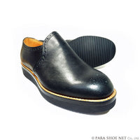 PARASHOE ハンドメイド（マッケイ製法）本革 メダリオン ヴァンプスリッポン 厚底ビジネスカジュアルシューズ 黒 幅広甲高5E（Fワイズ）24cm～28cm (PSY-1013C-BLK)