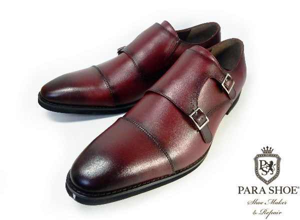 PARASHOE 本革 ダブルモンクストラップ ビジネスシューズ ワイン 4E  27.5cm、28cm、28.5cm、29cm、29.5cm、30cm、31cm、32cm（PS1808-WIN）